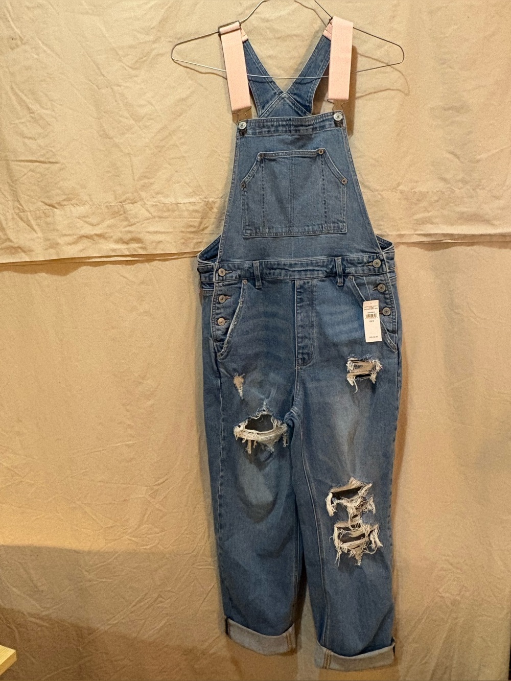 American Eagle Outfitters Distressed Blue Denim Overalls with Pink Straps